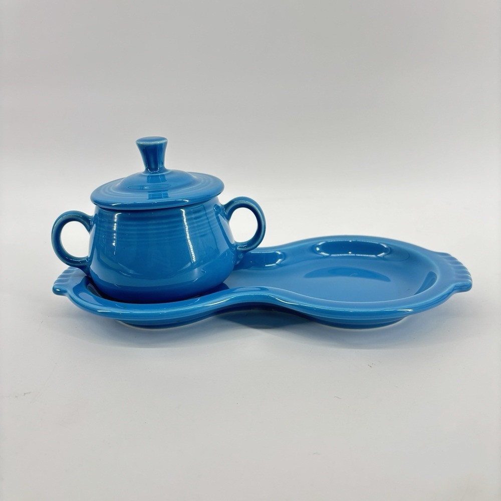 Fiestaware Fiesta Peacock Blue Figure 8 Cream and Sugar Tray Covered Sugar Bowl